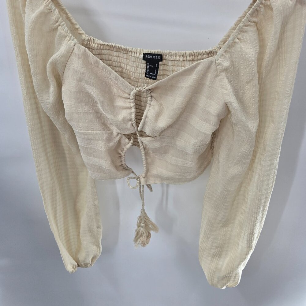 Forever 21 Cream Ruched Back Balloon Sleeves Off Shoulder Crop Top Size Small - Picture 6 of 14